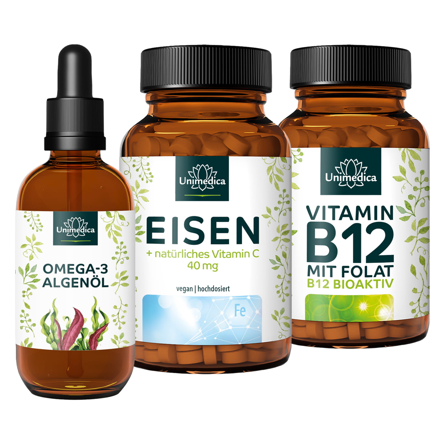 Set: Vegan complete - Iron bisglycinate 40 mg with 40 mg Vitamin C AND Vitamin B12 with folate - 180 tablets AND Vegan Omega 3 algal oil drops with DHA, EPA, and DPA - 50 ml