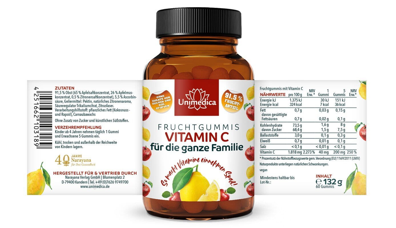Vitamin C Fruchtgummis für die ganze Familie - mit 91,5 % Fruchtanteil - 60 Gummis - von Unimedica