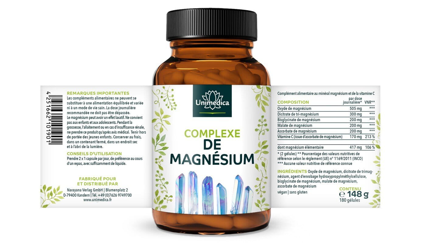 Complexe de magnésium - 417 mg de magnésium élémentaire par dose journalière - 180 gélules - Unimedica