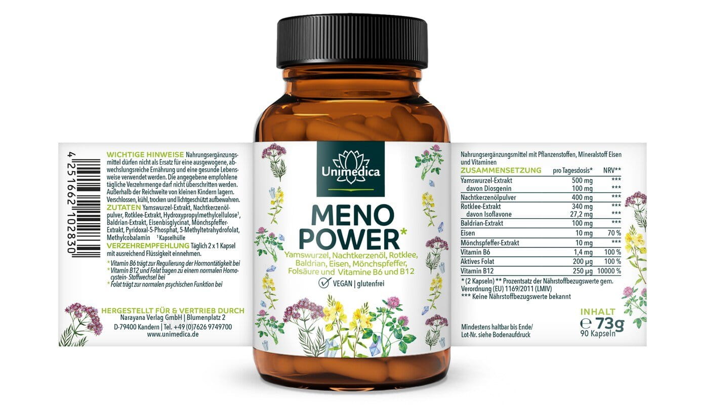 Menopower* - Hormon-Balance-Komplex mit Yamswurzel, Nachtkerzenöl, Eisen und B-Vitaminen - 90 Kapseln - von Unimedica