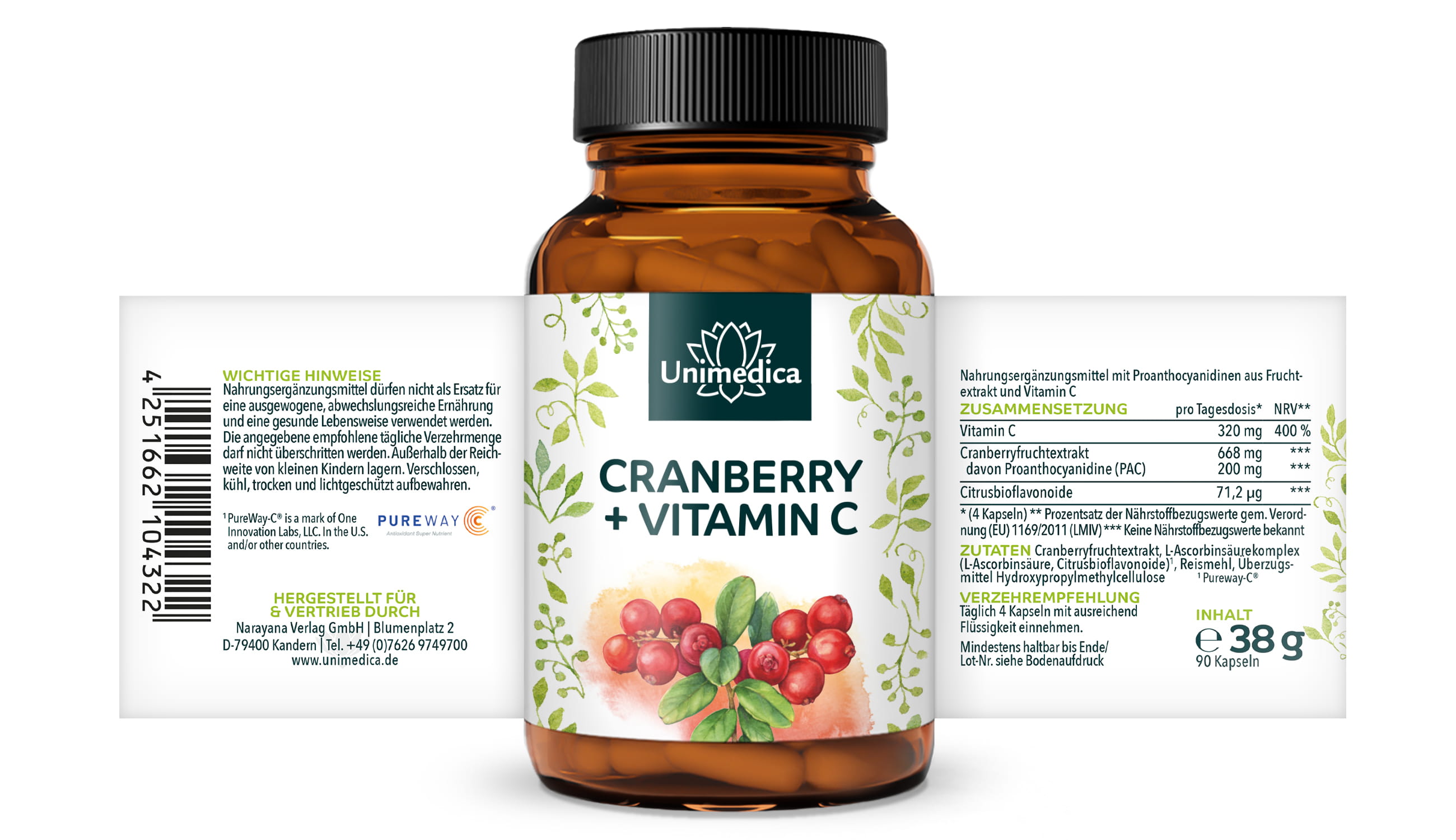 Set: Cranberry Extract - 500 mg per daily dose - with vitamin C - 2 x 90 capsules - by Unimedica