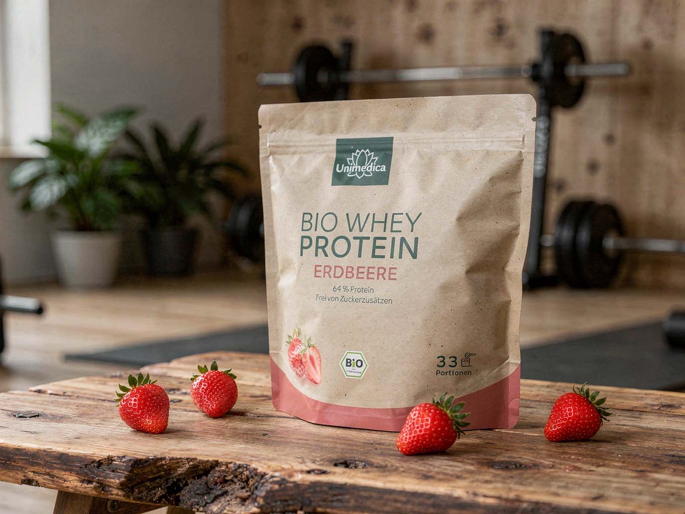Bio Whey Protein - Erdbeere - 64 % Protein - 1 kg - von Unimedica