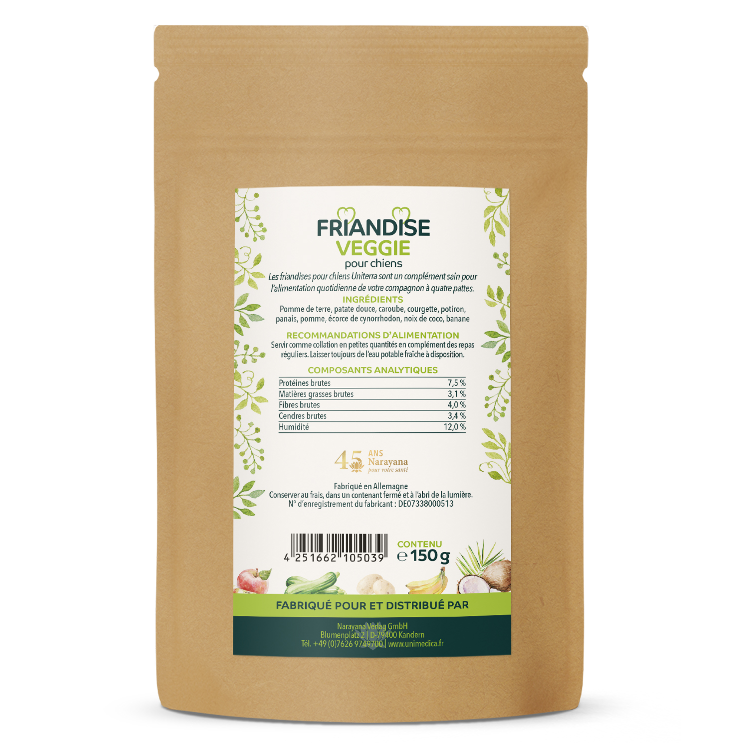 Friandise veggie pour chiens  collations naturelles pour chiens - avec 100 % de fruits et légumes - 150 g  complément alimentaire - par Uniterra