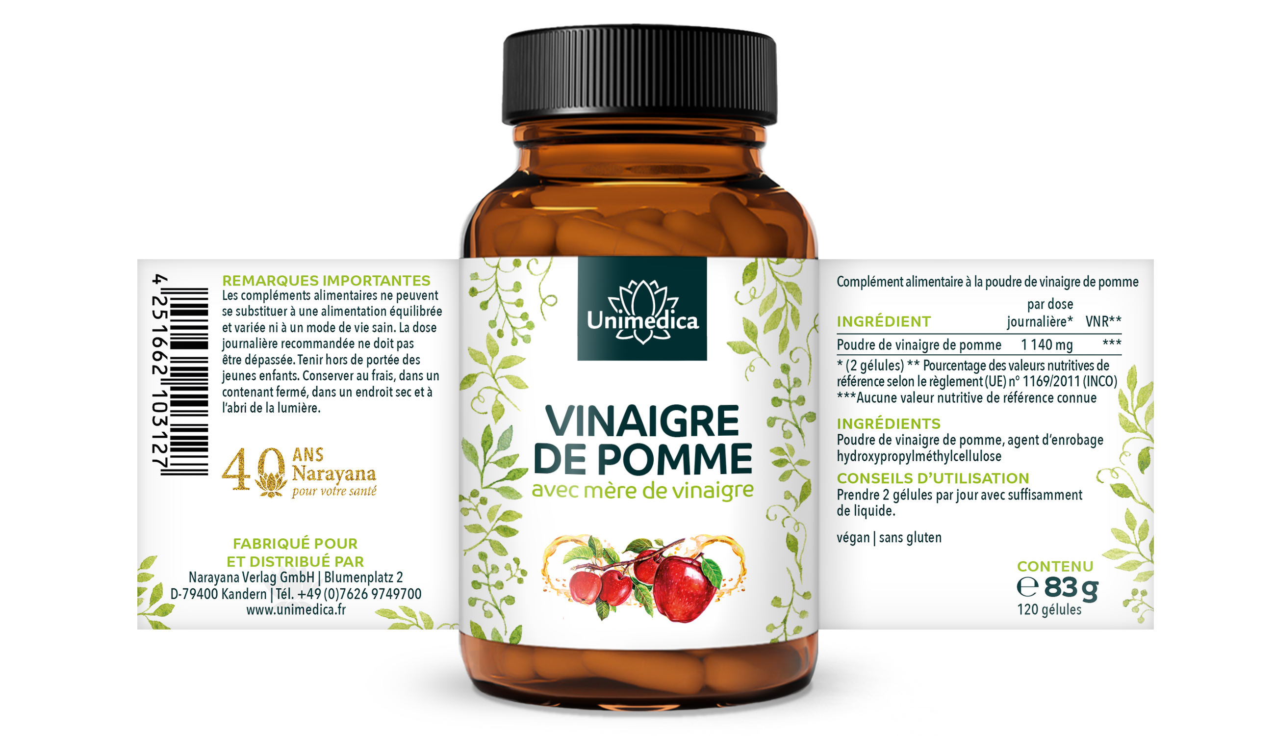 Lot de 2: Vinaigre de pomme avec mère de vinaigre - 2 x 120 gélules - par Unimedica