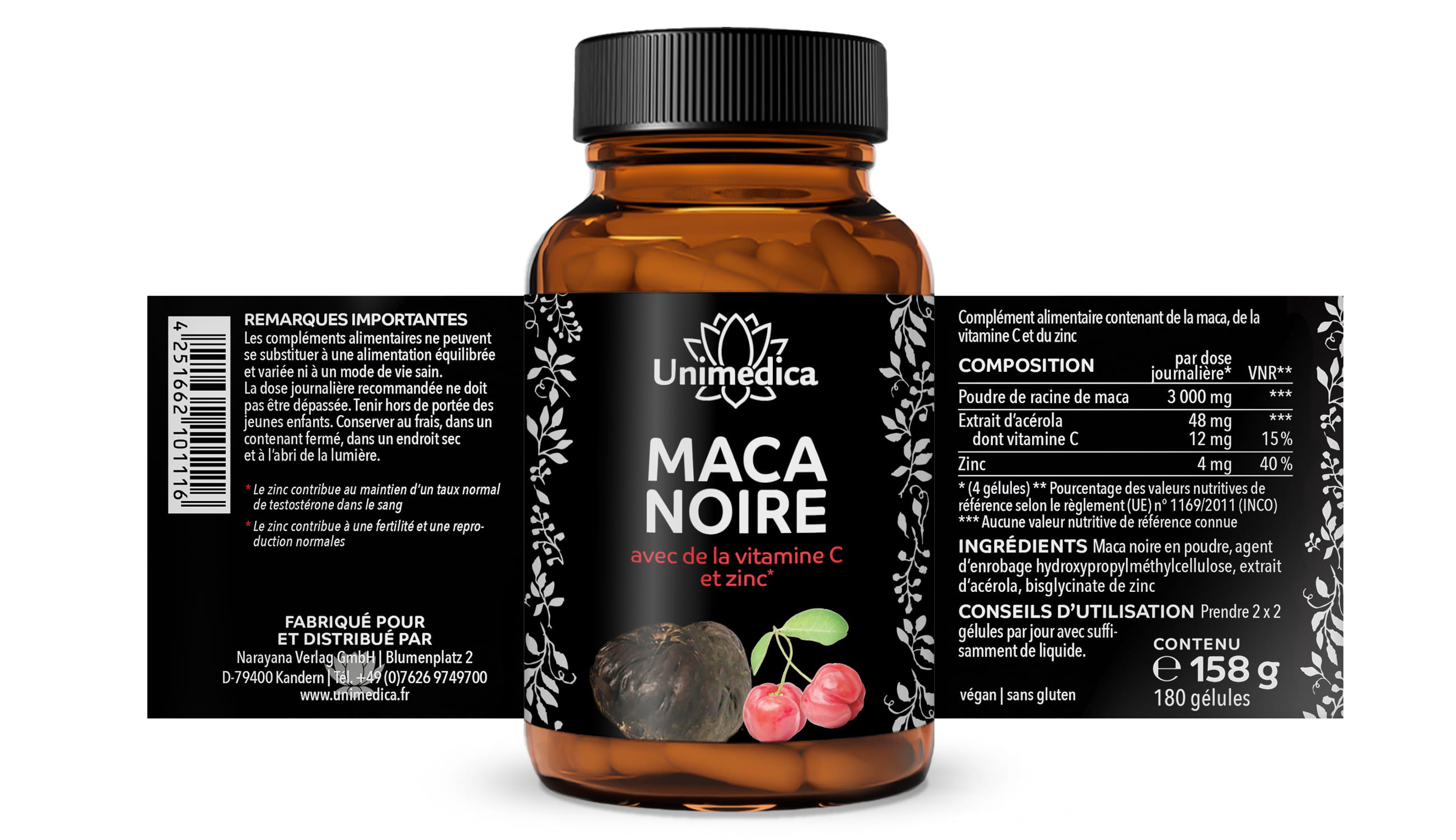 Maca noire avec de la vitamine C issue de l'acérola et zinc  3 000 mg par dose journalière (4 gélules) - 180 gélules - par Unimedica