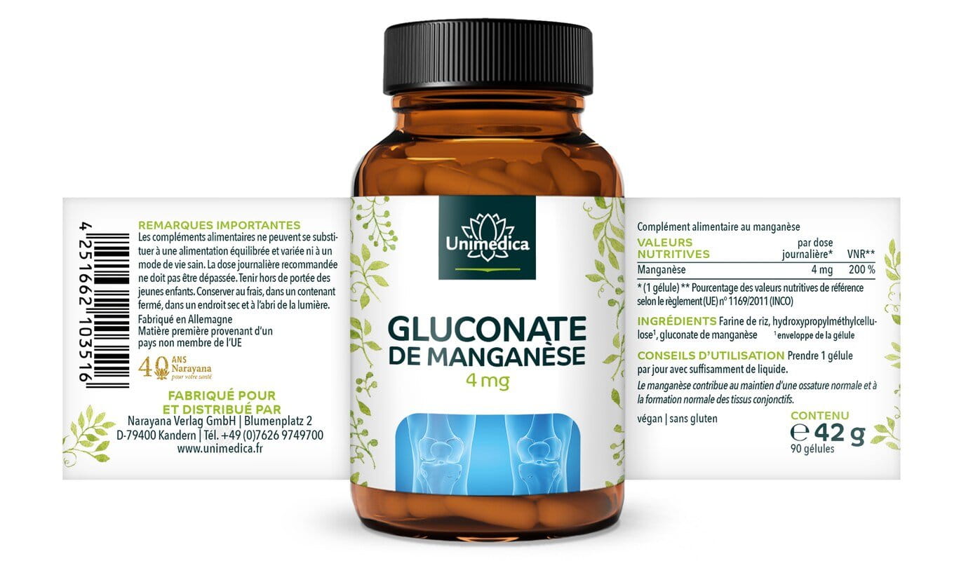 Manganèse  gluconate de manganèse 4 mg - 90 gélules - par Unimedica