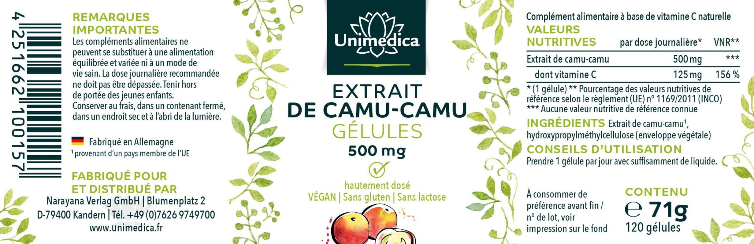 Lot de 2: Extrait de Camu Camu  hautement dosé - 2 x 120 gélules - Unimedica