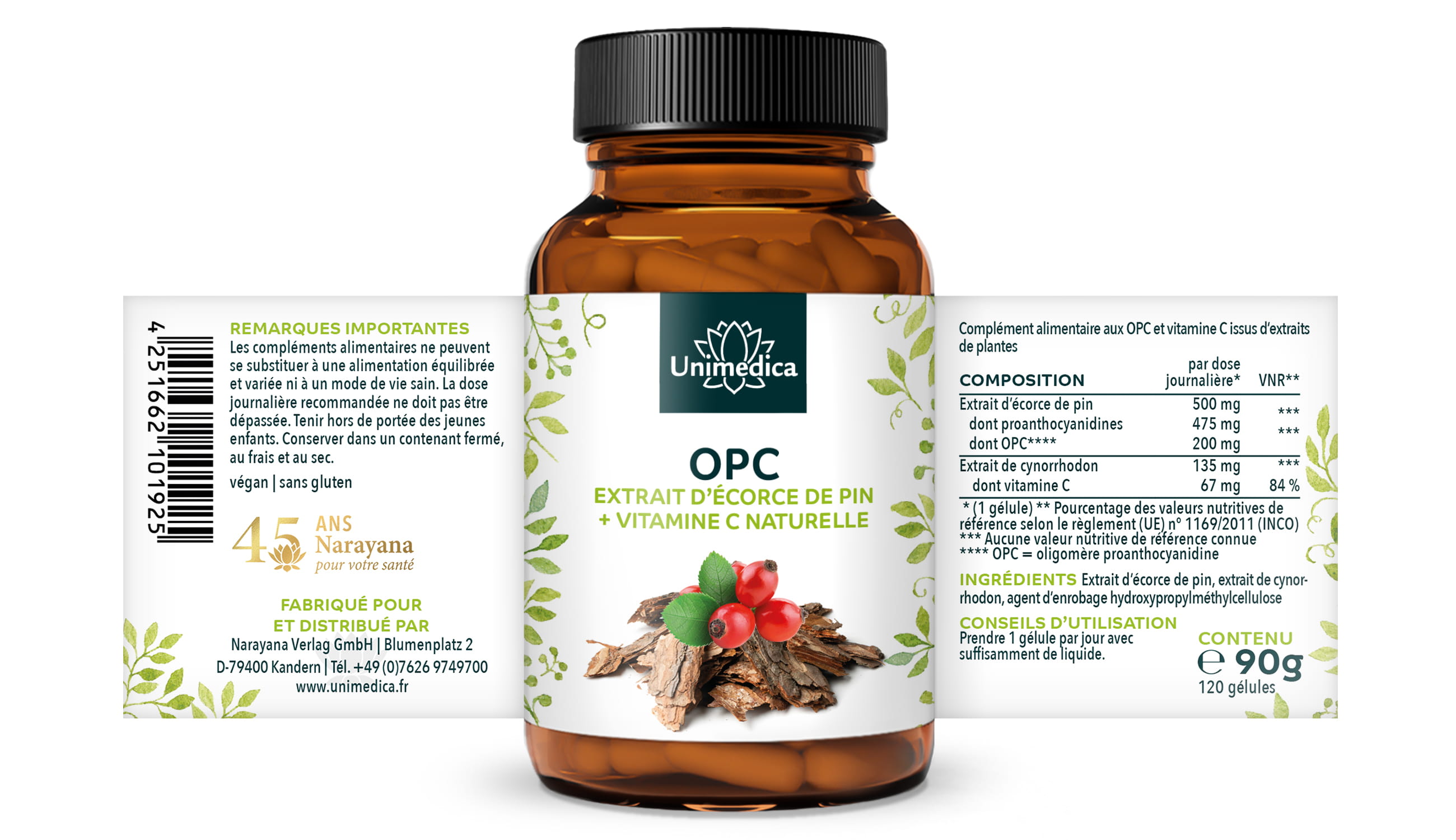 Lot de 2: Extrait d'écorce de pin OPC - 500 mg - 2 x 120 gélules - Unimedica