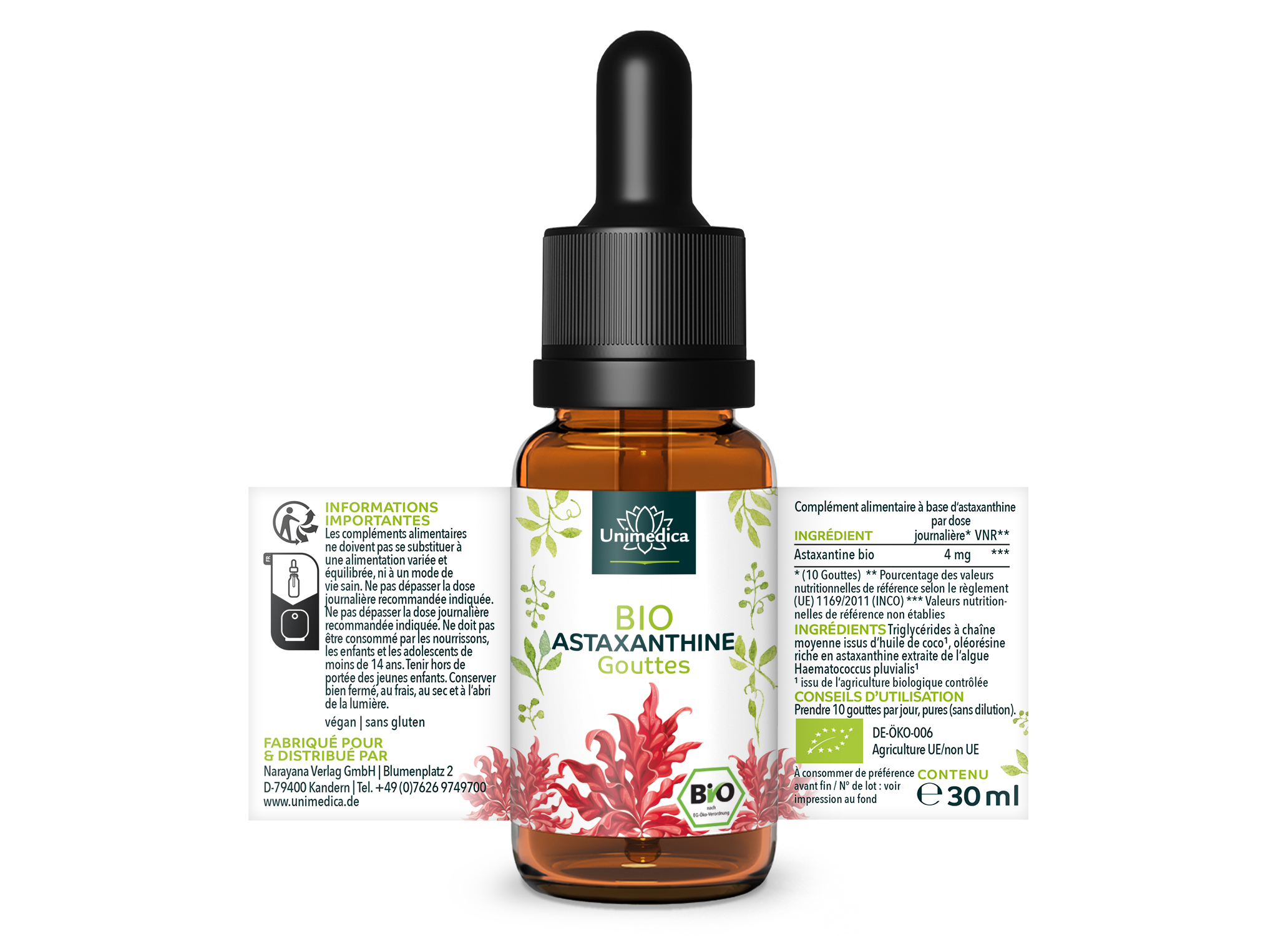 Gouttes d'astaxanthine BIO - 4 mg par dose journalière - 30 ml - par Unimedica