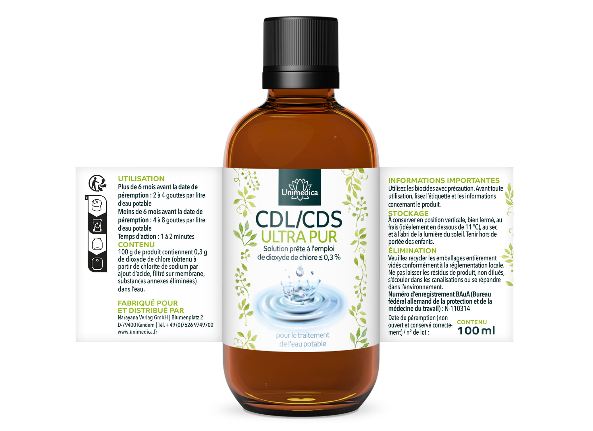 Solution de dioxyde de chlore CDL/CDS - ULTRA PURE - ≤ 0,3 % prête à l'emploi - 100 ml  d'Unimedica