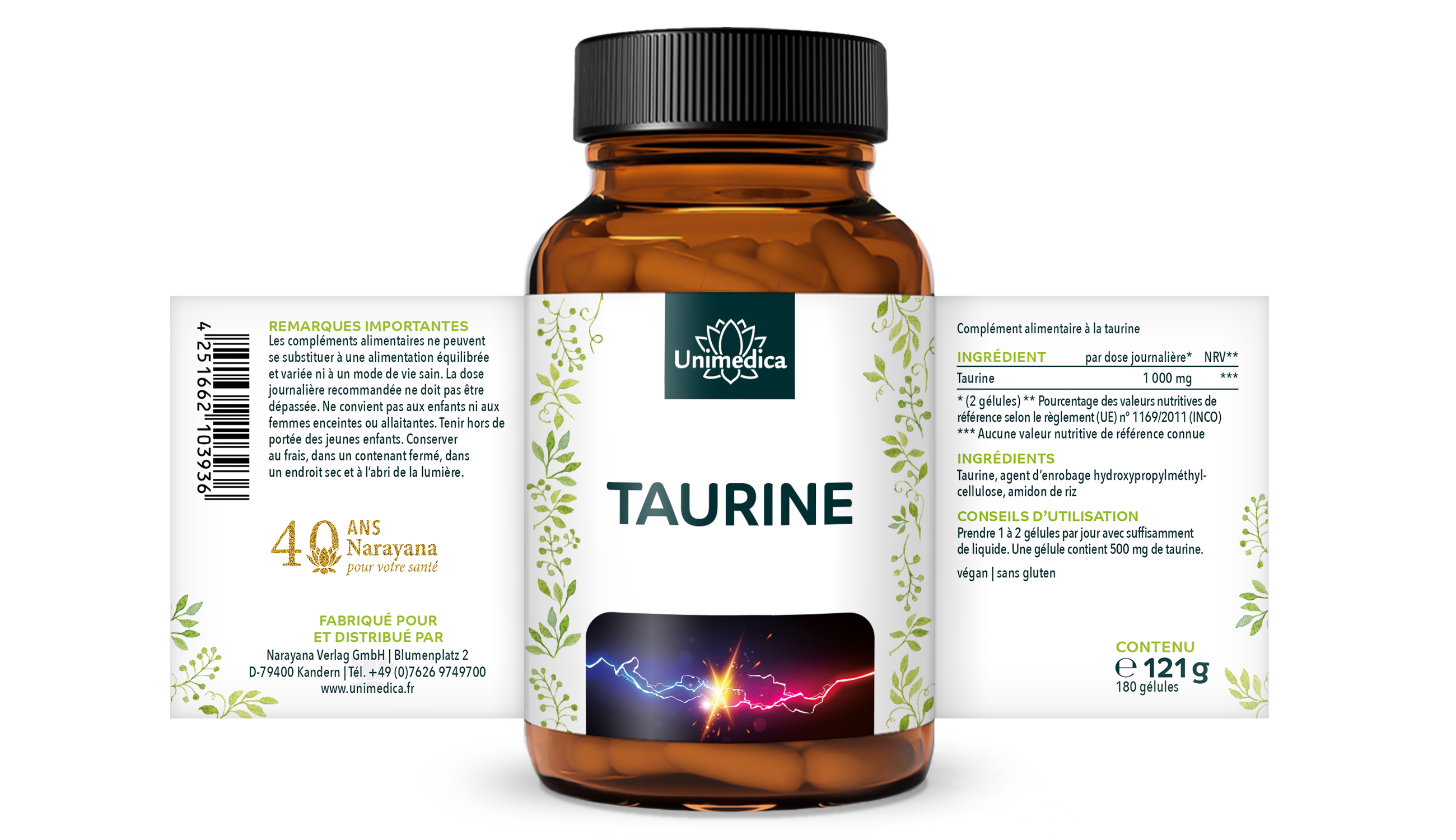 Lot de 2: Taurine - 1000 mg par dose journalière (2 gélules) - 2 x 120 gélules - par Unimedica