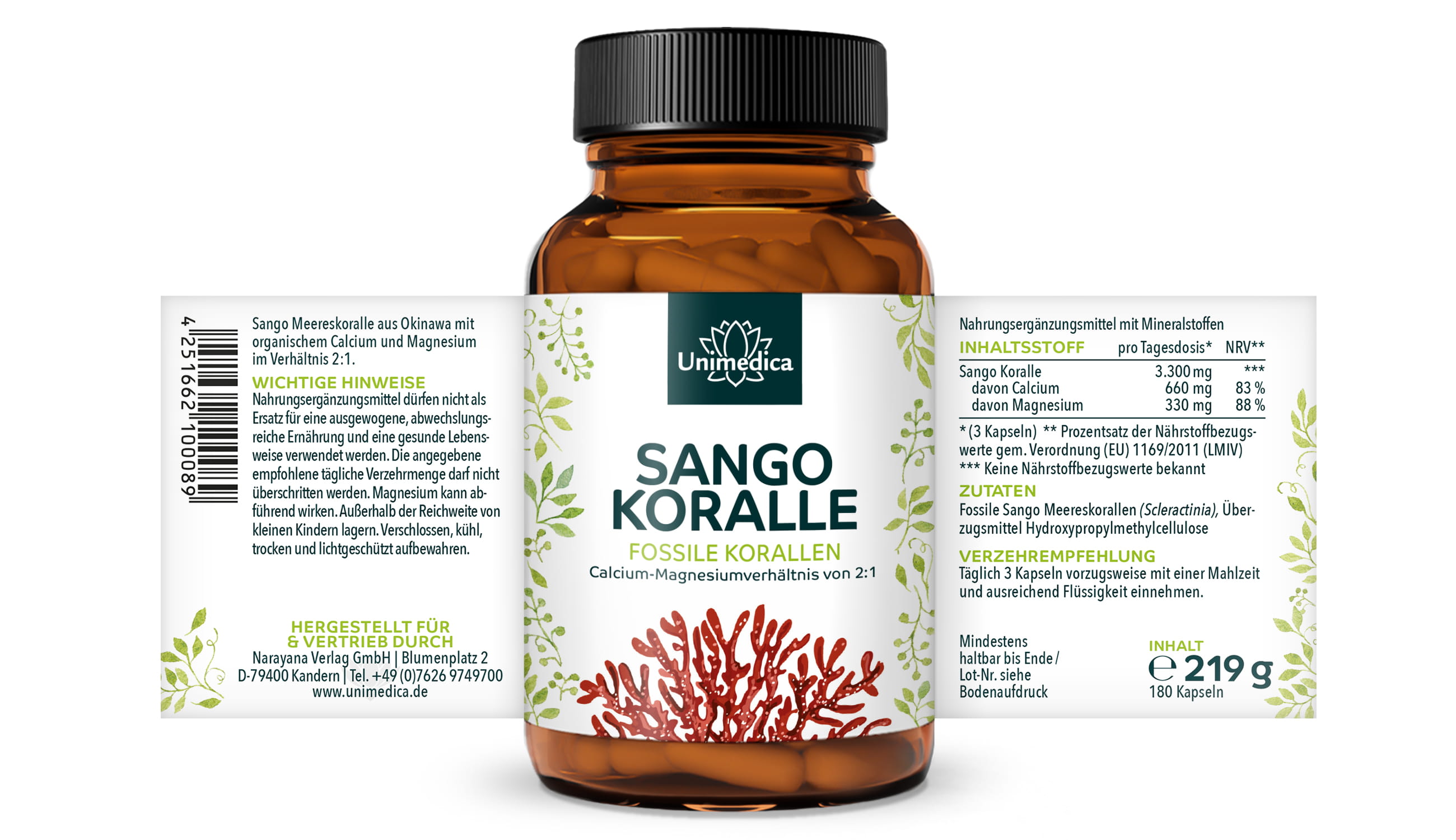 Sango Koralle - fossile Korallen aus Okinawa (Japan) - 3.300 mg pro Tagesdosis (3 Kapseln) - 180 Kapseln - von Unimedica