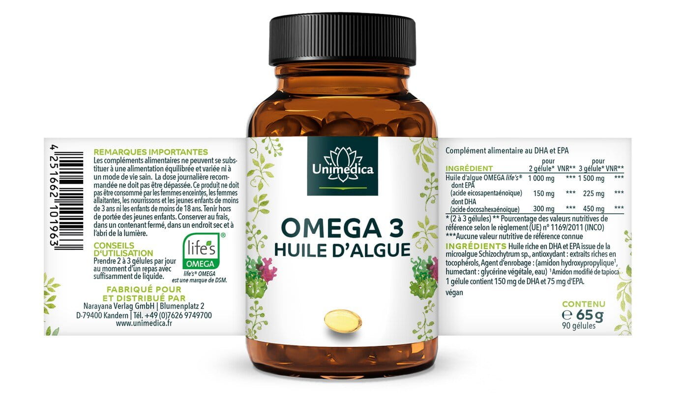 Lot de 2: Huile d'algue en gélules - avec 250 mg de DHA - 2 x 90 gélules - par Unimedica