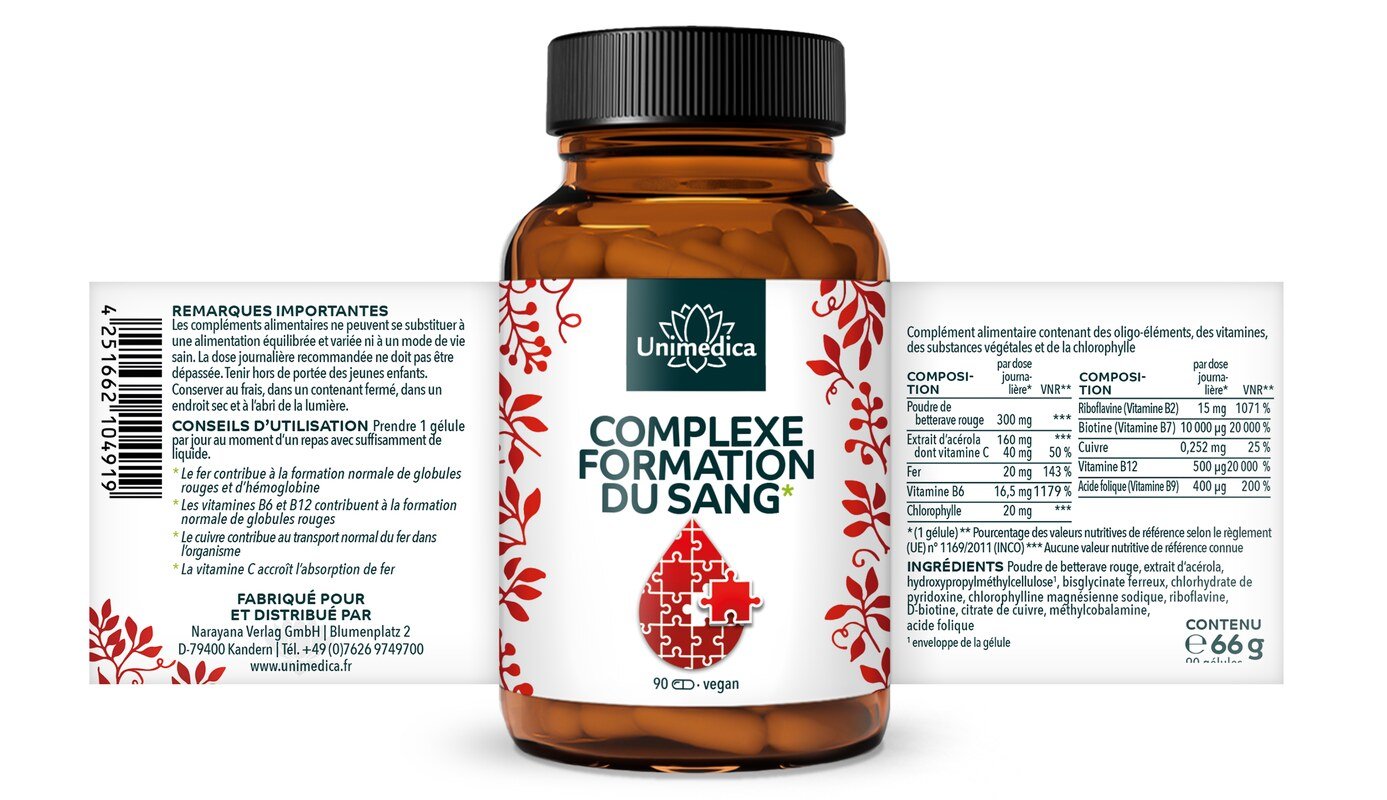 Complexe formation du sang* - avec du fer, de l'acérola, de la chlorophylle, du cuivre et des vitamines - 90 gélules - par Unimedica