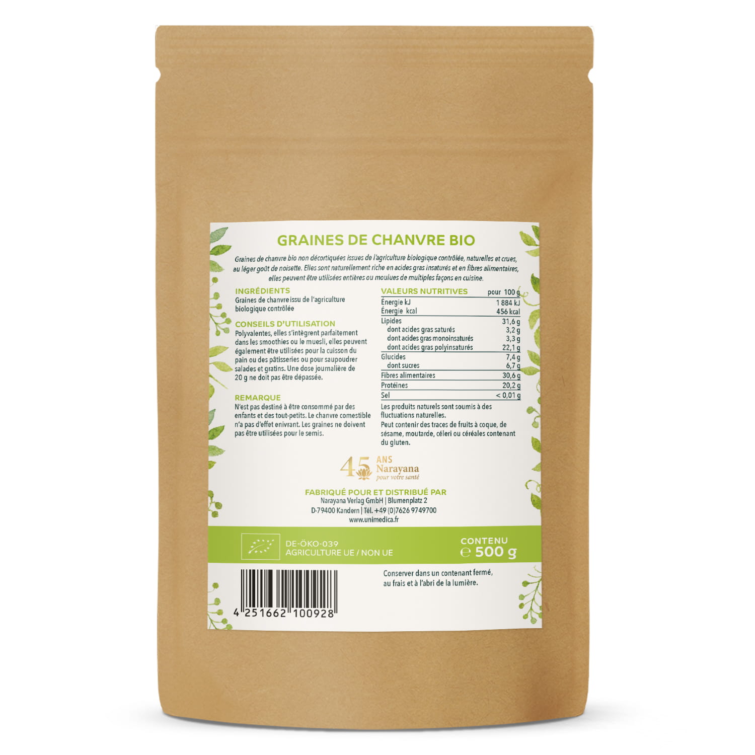 Bio Hanfsamen - ungeschält - naturbelassen -  500 g - von Unimedica