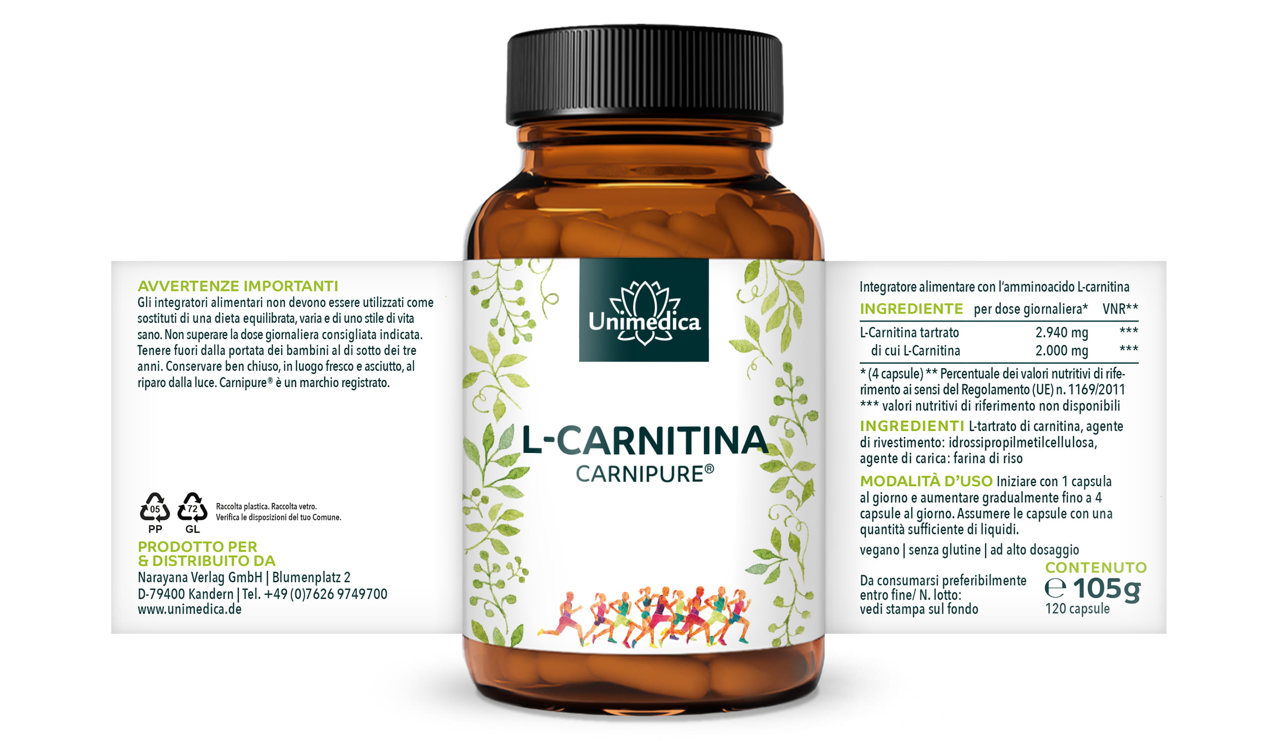 L-Carnitina (Carnipure®) - 2.000 mg per dose giornaliera (4 capsule) - 120 capsule - di Unimedica