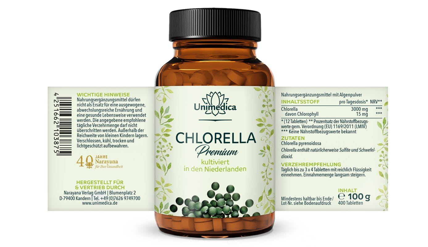 2er-Sparset: Chlorella Premium - 2 x 400 Tabletten - 3.000 mg pro Tagesdosis (12 Tabletten) - kultiviert in Holland - sprühgetrocknet - von Unimedica