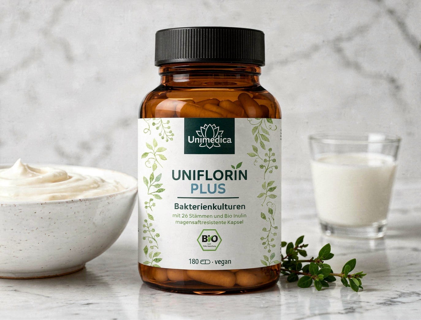 Uniflorin Plus avec complexe de cultures issues de 26 souches bactériennes et d'inuline BIO - 20 milliards d'UFC par dose journalière (2 gélules) - 180 gélules entériques - par Unimedica