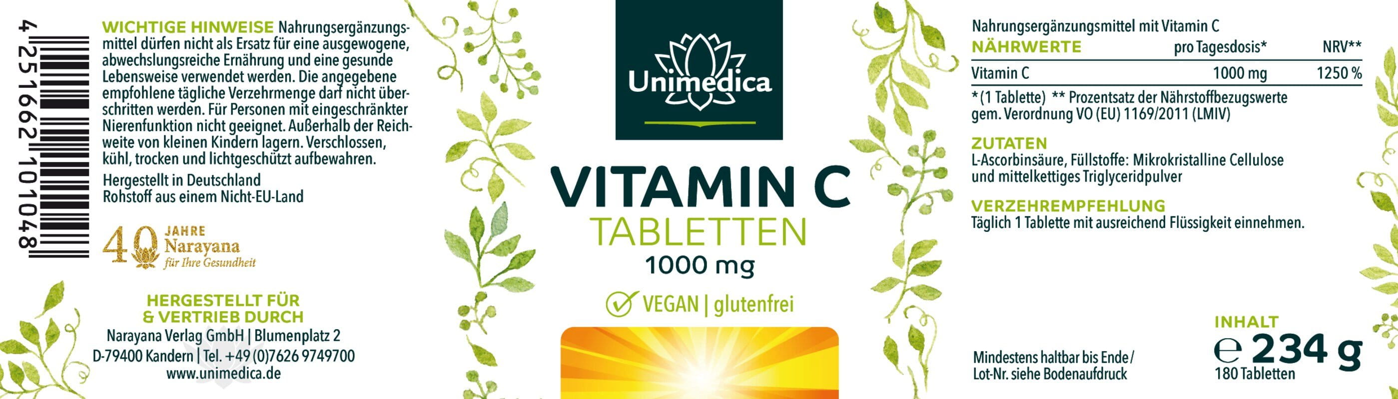 2er-Sparset: Vitamin C - 1000 mg pro Tagesdosis (1 Tablette) - 99 % Reinheit -  hochdosiert - 2 x 180 Tabletten - von Unimedica