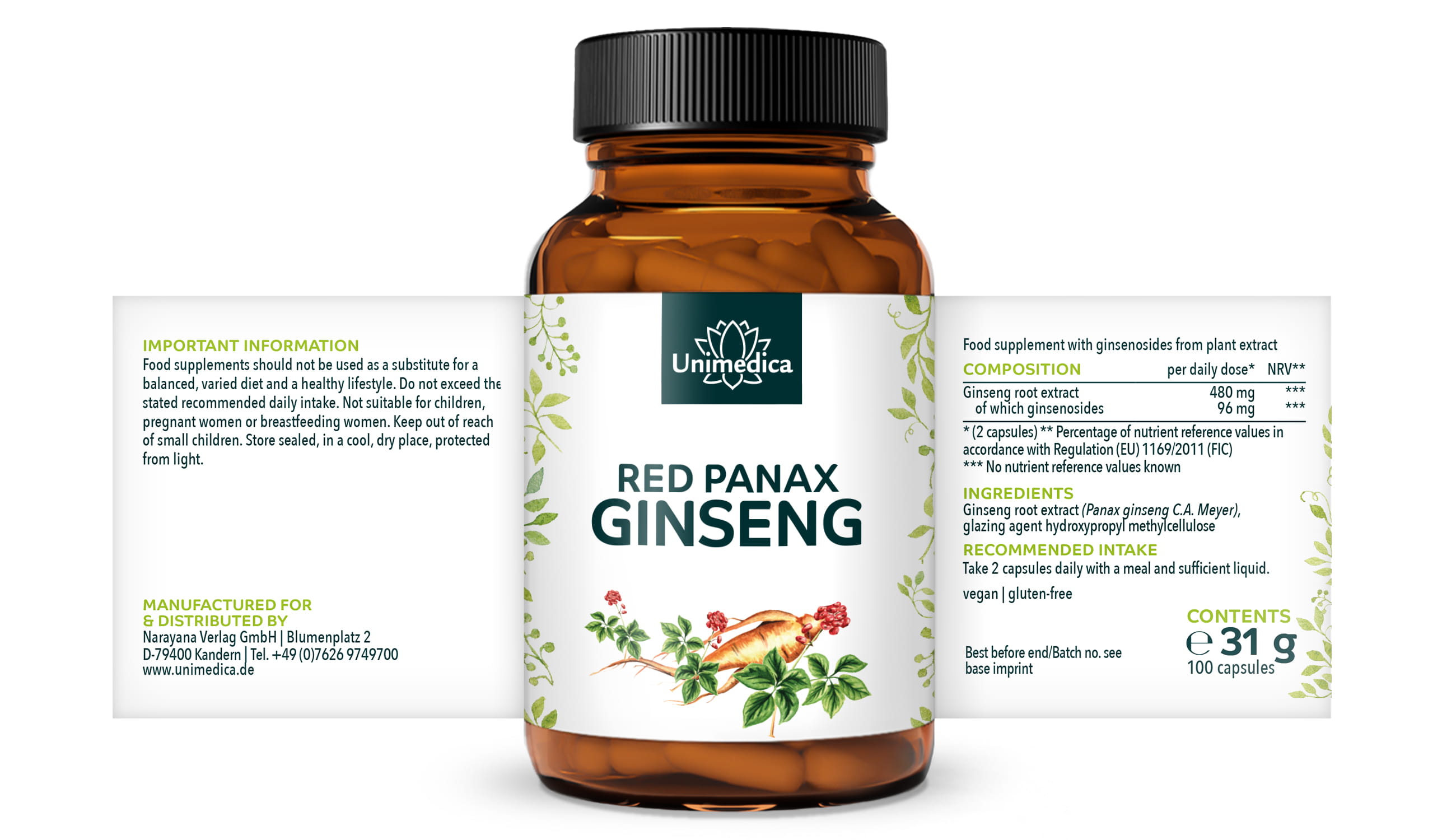 Red Panax Ginseng Extract - Korean Ginseng C.A. Meyer - 480 mg per daily dose (2 capsules) - 20% ginsenosides - 100 capsules