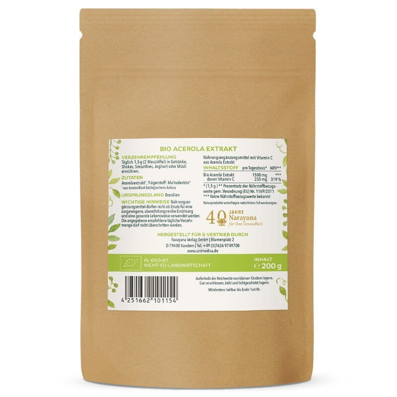 Bio Acerola Pulver - 17 % natürliches Vitamin C aus der Acerola-Kirsche -  200 g - von Unimedica