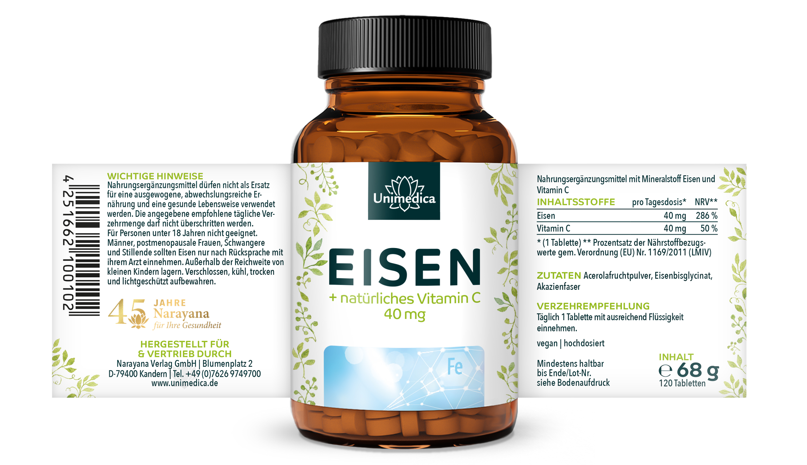 Sparset: Vegan Komplett - Eisen Bisglycinat 40 mg mit 40 mg Vitamin C UND Vitamin B12 mit Folat - 180 Tabletten UND Vegane Omega 3 Algenöl Tropfen mit DHA, EPA und DPA - 50 ml - von Unimedica