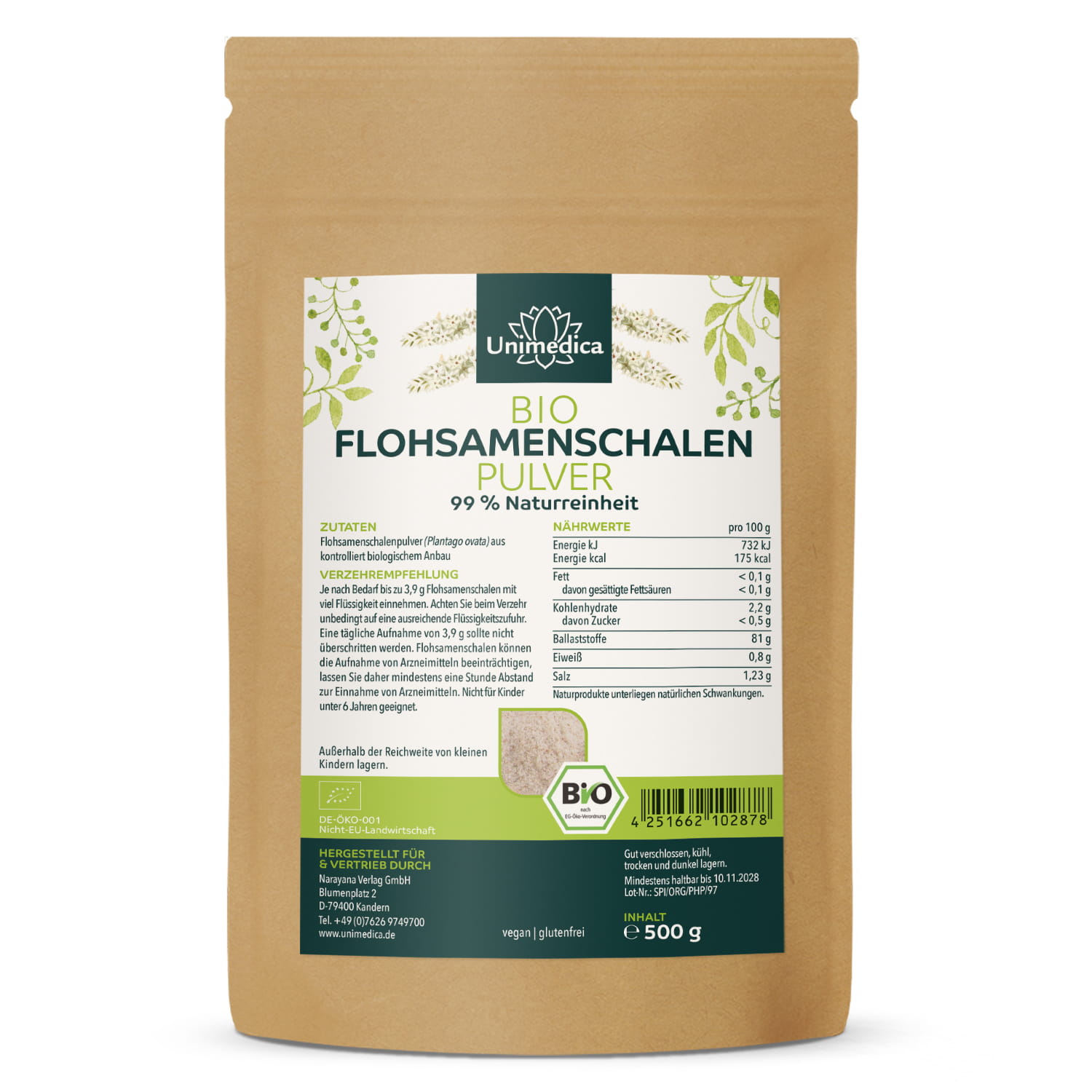 Bio Flohsamenschalen Pulver - 99 % Naturreinheit - Premiumqualität - 500 g - von Unimedica