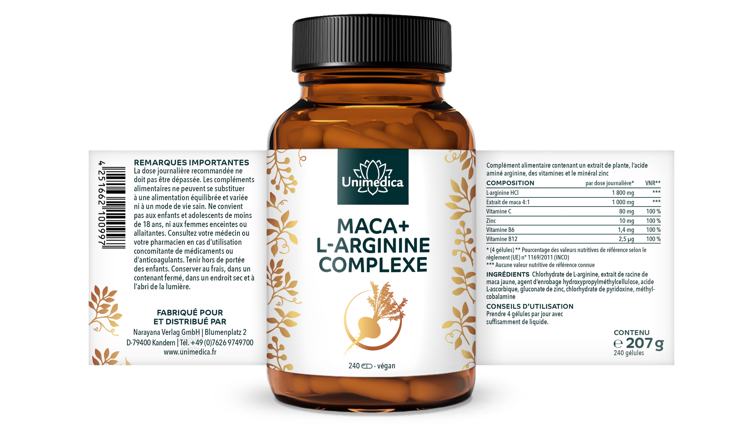 Lot de 2: Complexe  Maca + L-arginine forte avec vitamines C, B6, B12 et zinc - dosage élevé - 480 gélules - Unimedica