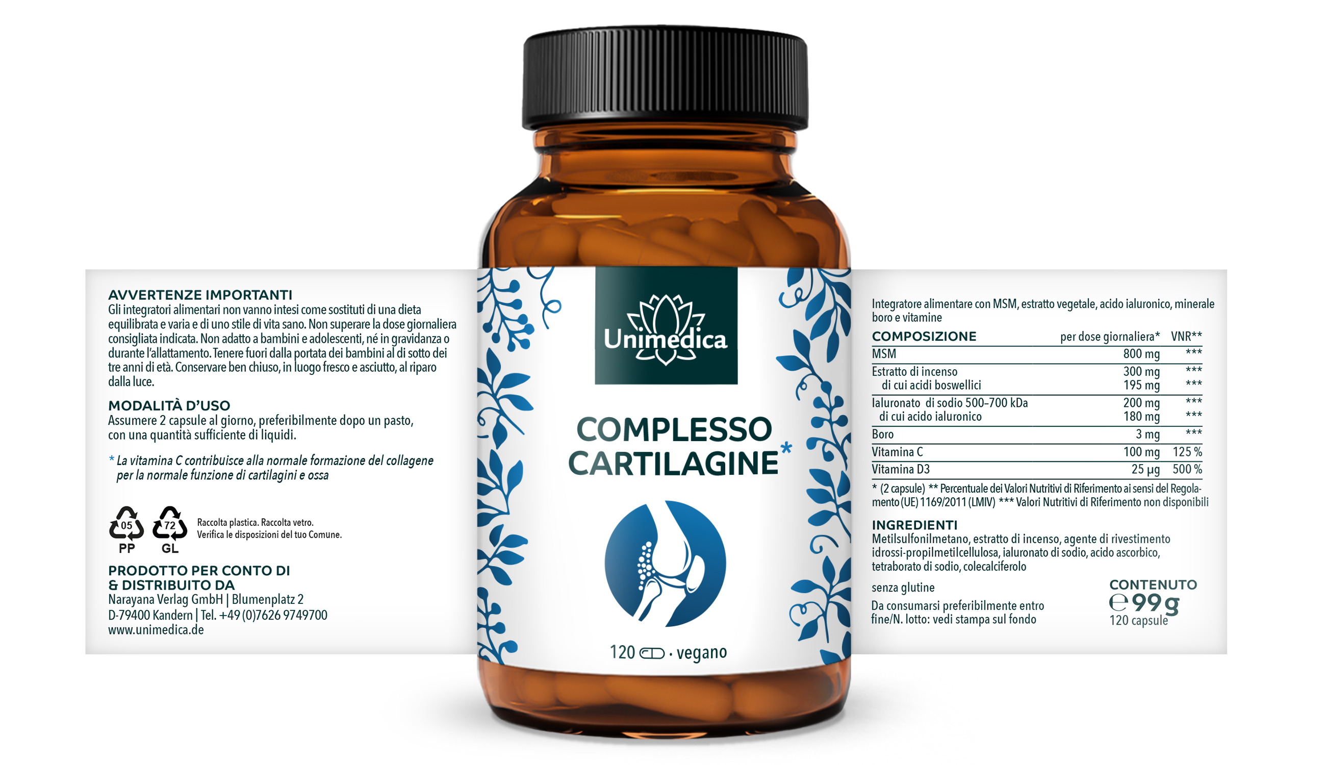 Complesso Cartilagine* - con MSM + incenso + acido ialuronico + boro + vitamine - 120 capsule - di Unimedica