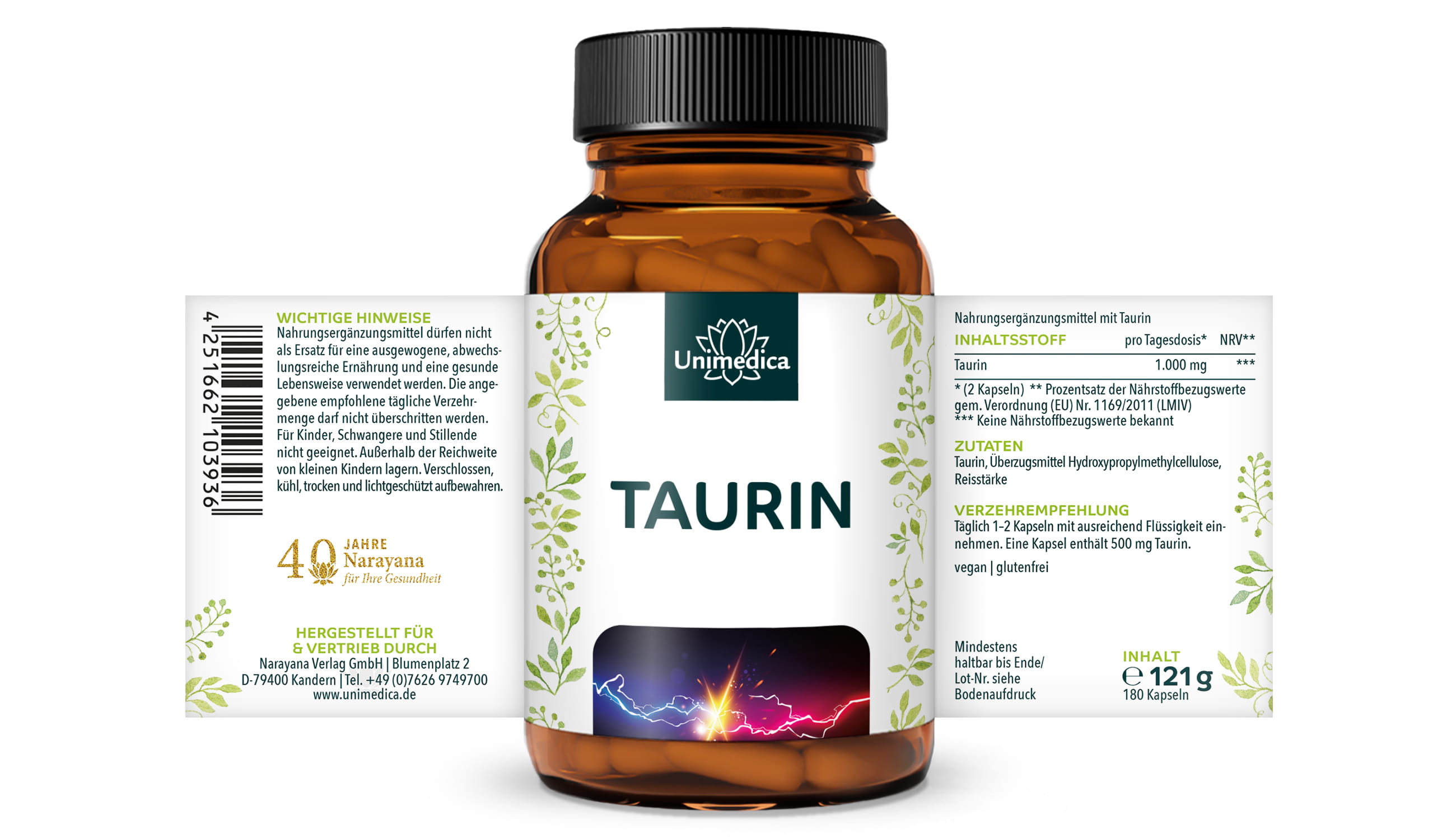 2er-Sparset: Taurin - 1000 mg pro Tagesdosis (2 Kapseln) - 2 x 120 Kapseln - Taurine - von Unimedica