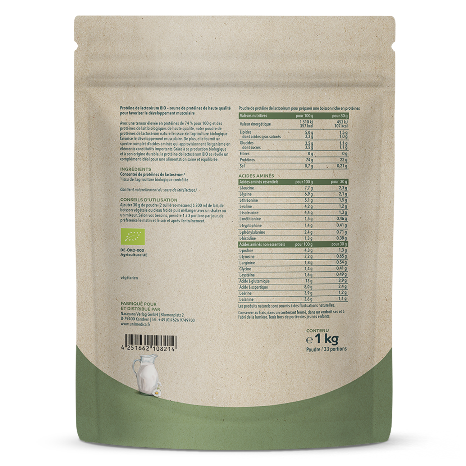 Protéine de lactosérum BIO - nature - 76 % de protéines - 1 kg  par Unimedica