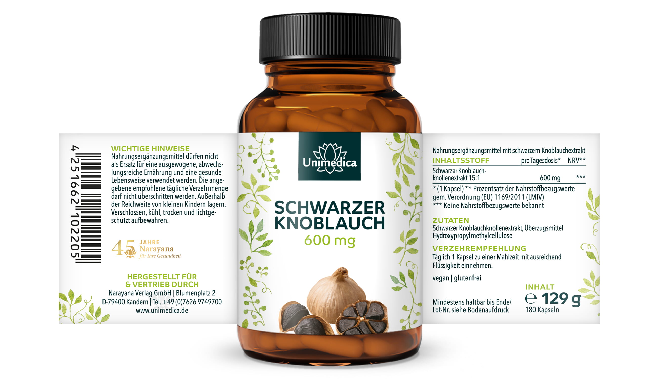 Schwarzer Knoblauch - 600 mg pro Tagesdosis (1 Kapsel) - fermentiert und geruchlos - 180 Kapseln - von Unimedica