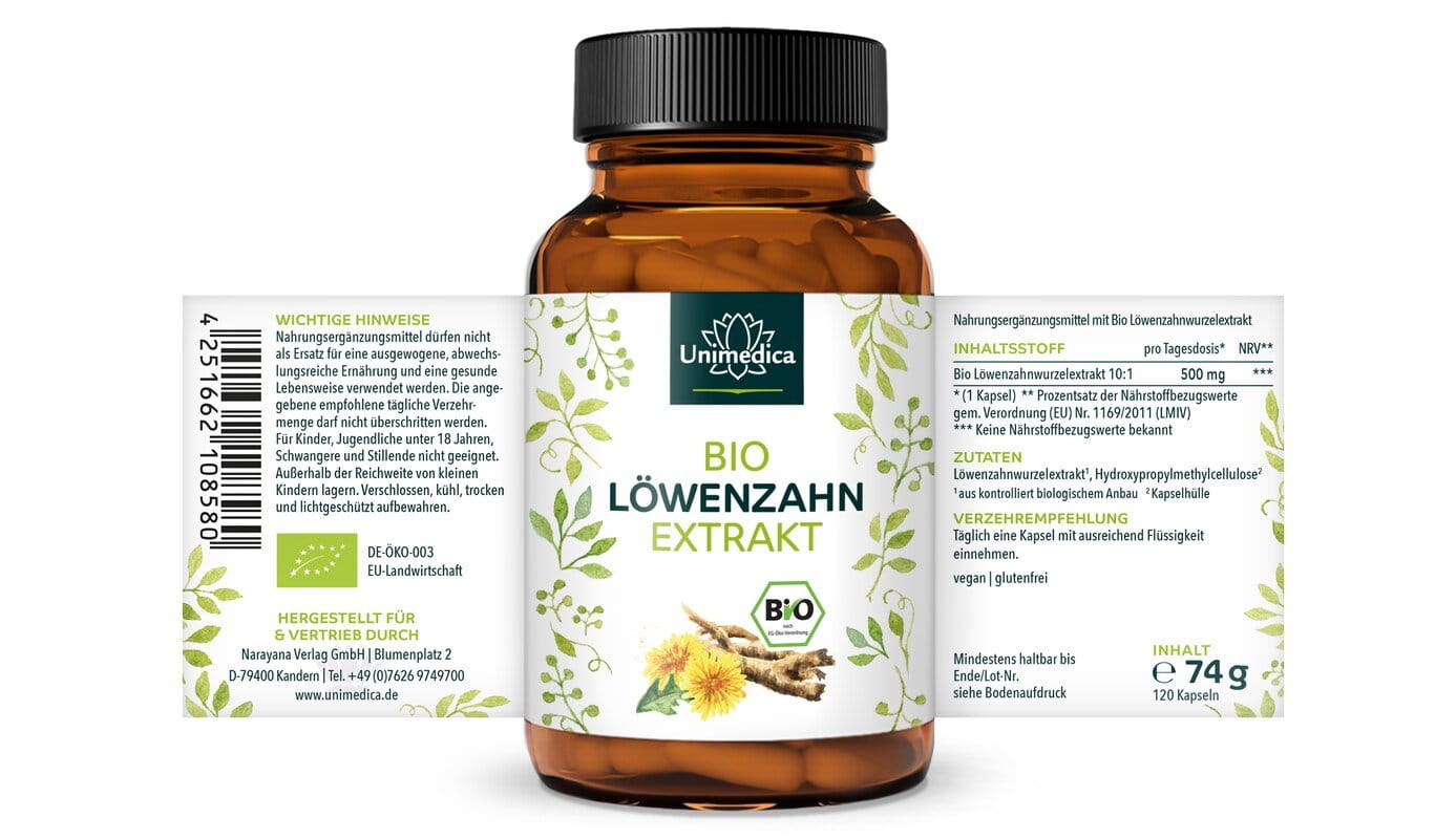 Bio Löwenzahn Extrakt - 500 mg pro Tagesdosis (1 Kapsel) - 120 Kapseln - von Unimedica