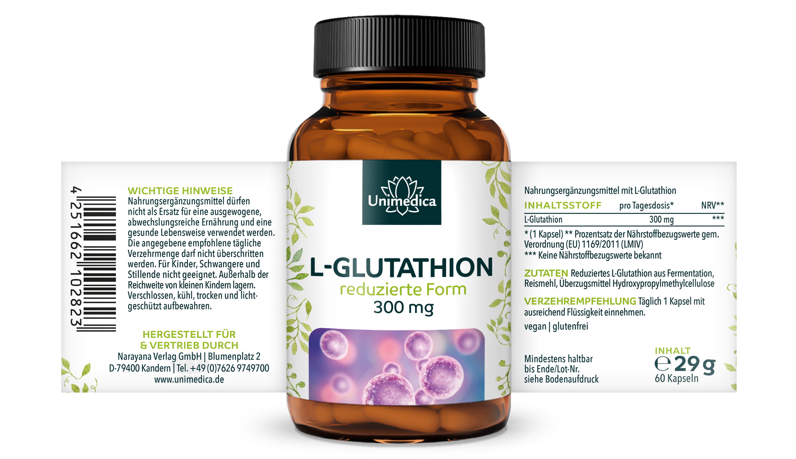 L-Glutathion - reduzierte Form aus natürlicher Fermentation - 300 mg pro Tagesdosis (1 Kapsel) - 60 Kapseln - von Unimedica