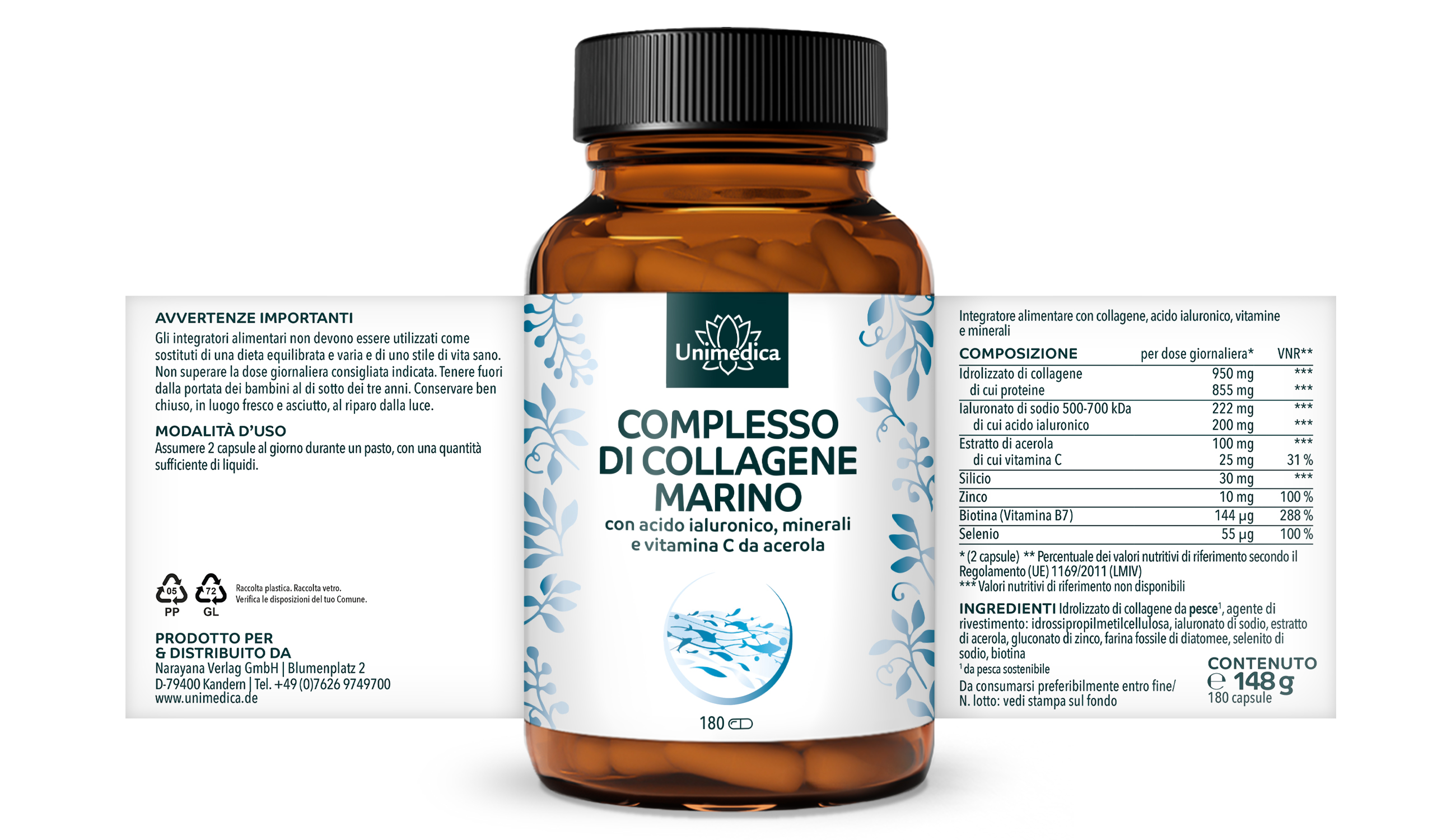 Complesso di collagene marino - con acido ialuronico, vitamine e minerali - 180 capsule - di Unimedica