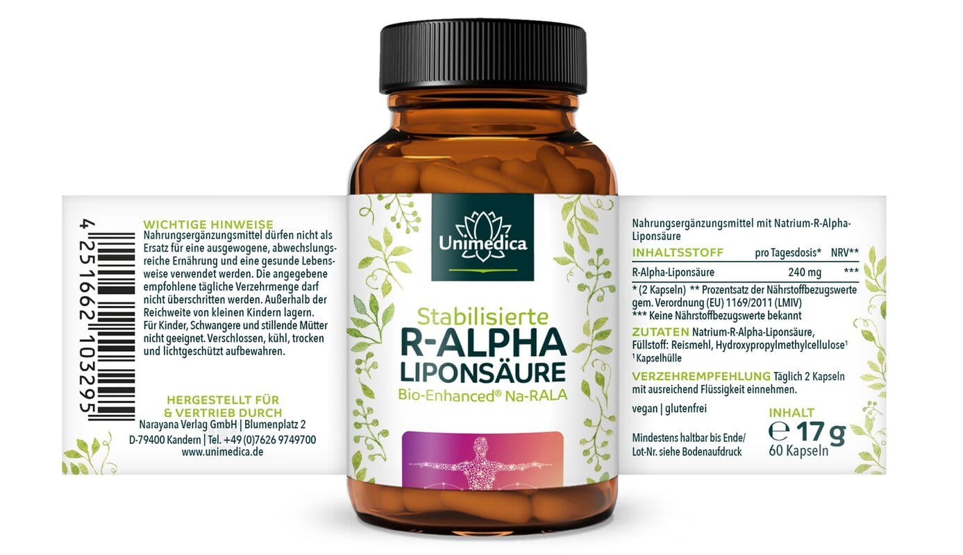 2er-Sparset: R-Alpha-Liponsäure Sodium - Bio Enhanced®  - 240 mg pro Tagesdosis (2 Kapseln) - 2 x 60 Kapseln - von Unimedica