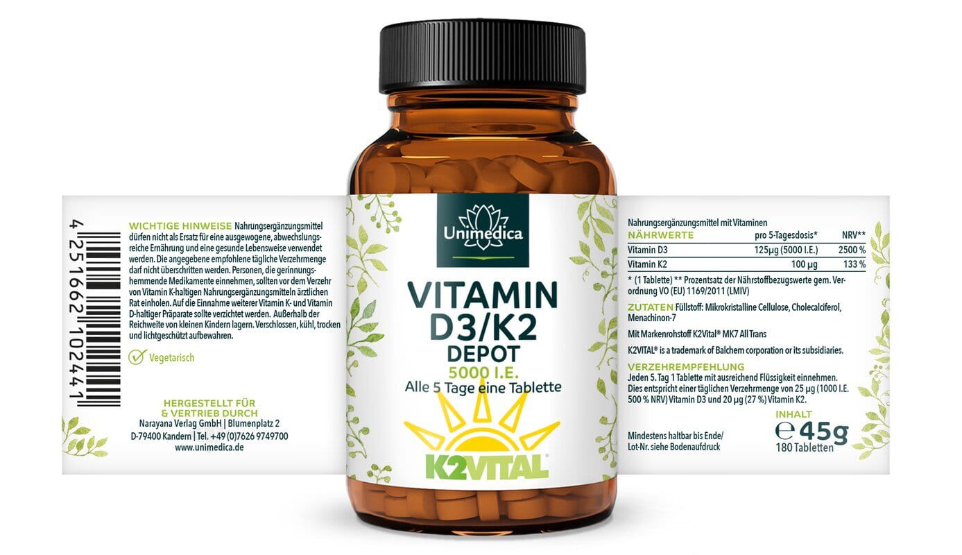 Vitamin D3 / K2 5000 I.E. Depot - 125 µg D3 und 100 µg K2 pro 5 Tagesdosis (Jeden 5. Tag eine Tablette) - 180 Tabletten - von Unimedica