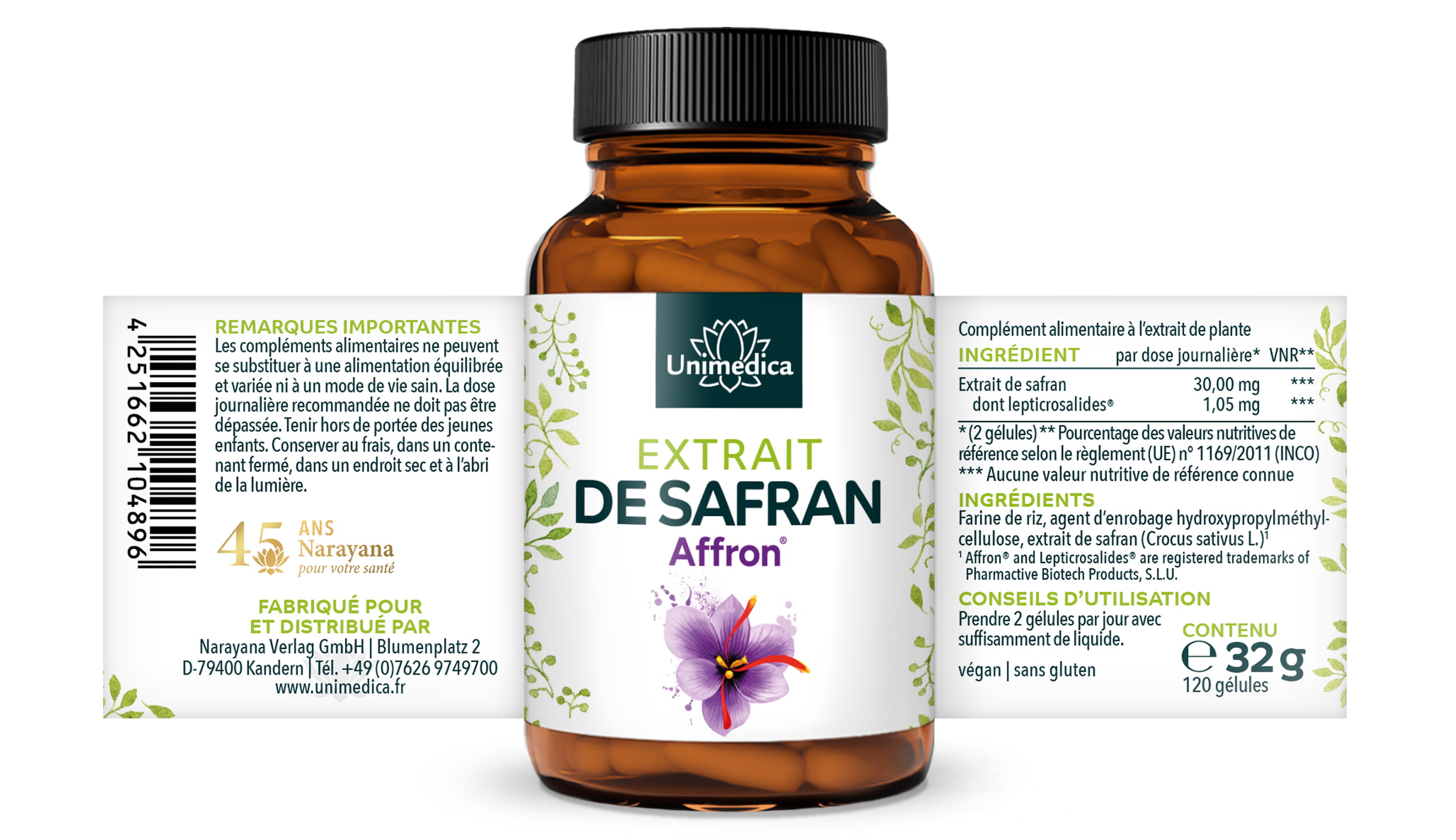 Safran Kapseln - mit 30 mg Affron® Safran-Extrakt pro Tagesdosis (2 Kapseln) - 3,5 % Lepticrosalide - 120 Kapseln - von Unimedica