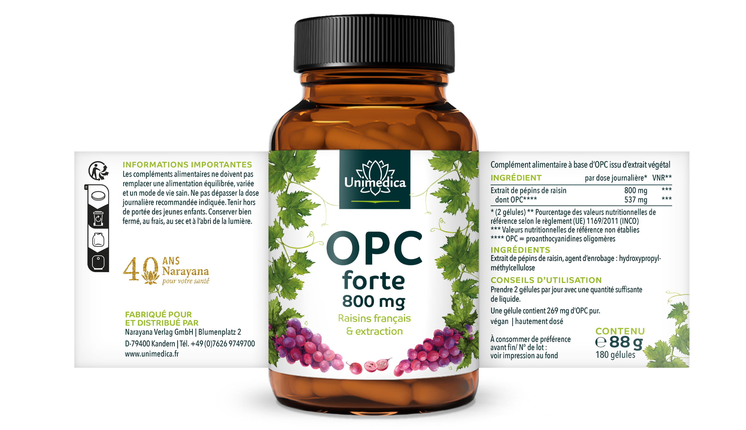 OPC forte - 800 mg d'extrait de pépins de raisin par dose journalière (2 gélules) - 180 gélules - obtenu par extraction aqueuse - par Unimedica