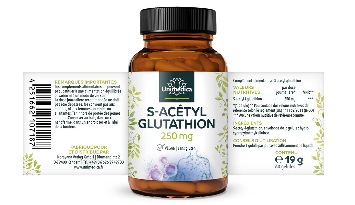 S-acétyl glutathion - 250 mg  hautement dosé - 60 gélules - par Unimedica