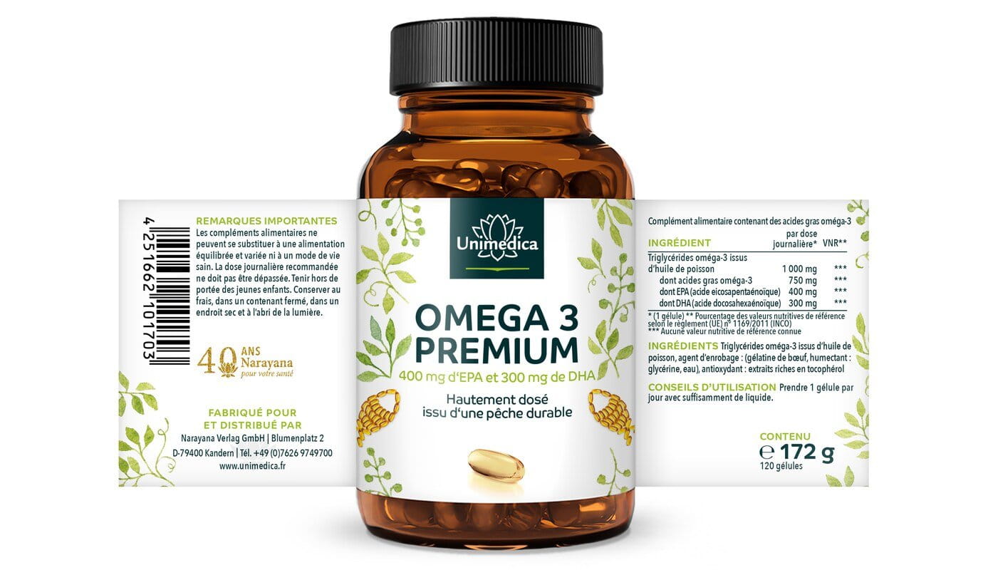 Oméga 3 - Huile de poisson premium avec 400 mg d'EPA et 300 mg de DHA - hautement dosée - issue de la pêche durable - 1.000 mg par dose journalière (1 gélule) - 120 gélules softgel - de Unimedica