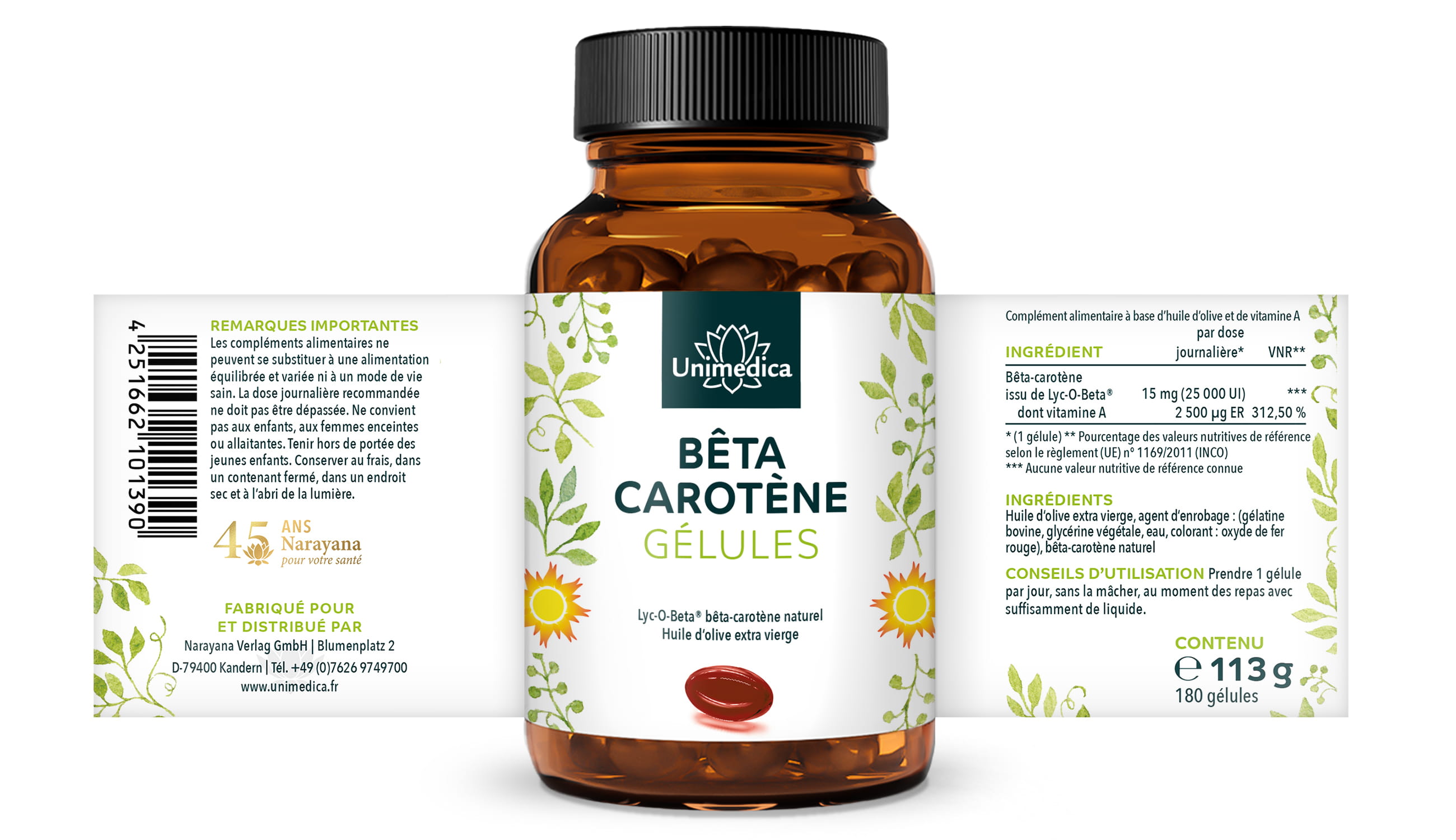 Bêta-carotène - avec Lyc-O-Beta® - 25 000 UI - 180 gélules molles - par Unimedica