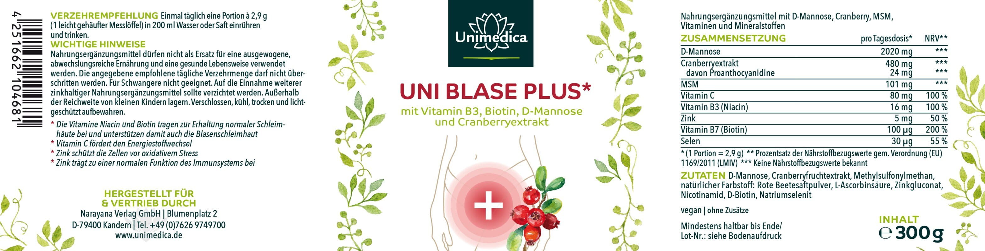 2er-Sparset: UniBlase Plus - Komplex mit D-Mannose, Cranberry, Vitamin C, B3 und B7 - 2 x 300 g Pulver - von Unimedica