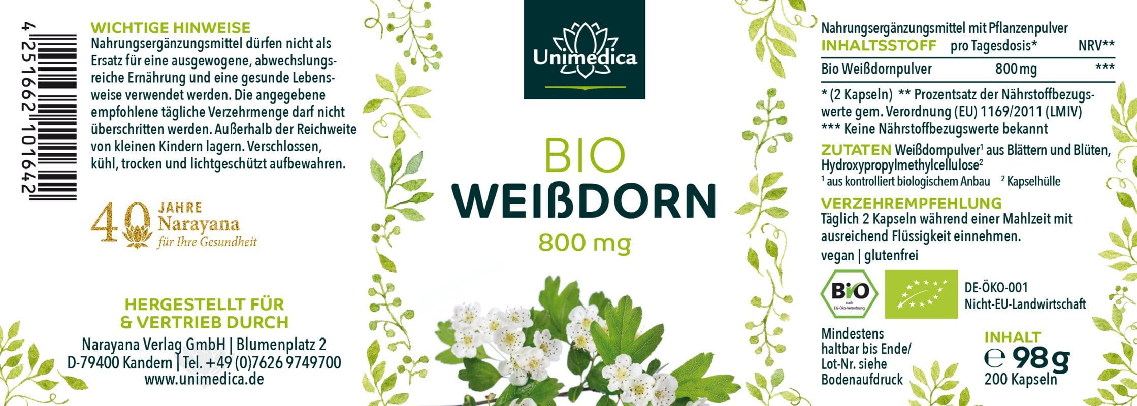2er-Sparset: Bio Weißdorn - 800 mg pro Tagesdosis (2 Kapseln) - 2 x 200 Kapseln - von Unimedica