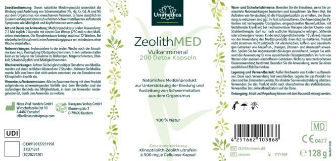 Zeolith MED Detox - 1000 mg reines Klinoptilolith-Zeolith pro Tagesdosis (2 Kapseln) - 200 Kapseln - von Unimedica