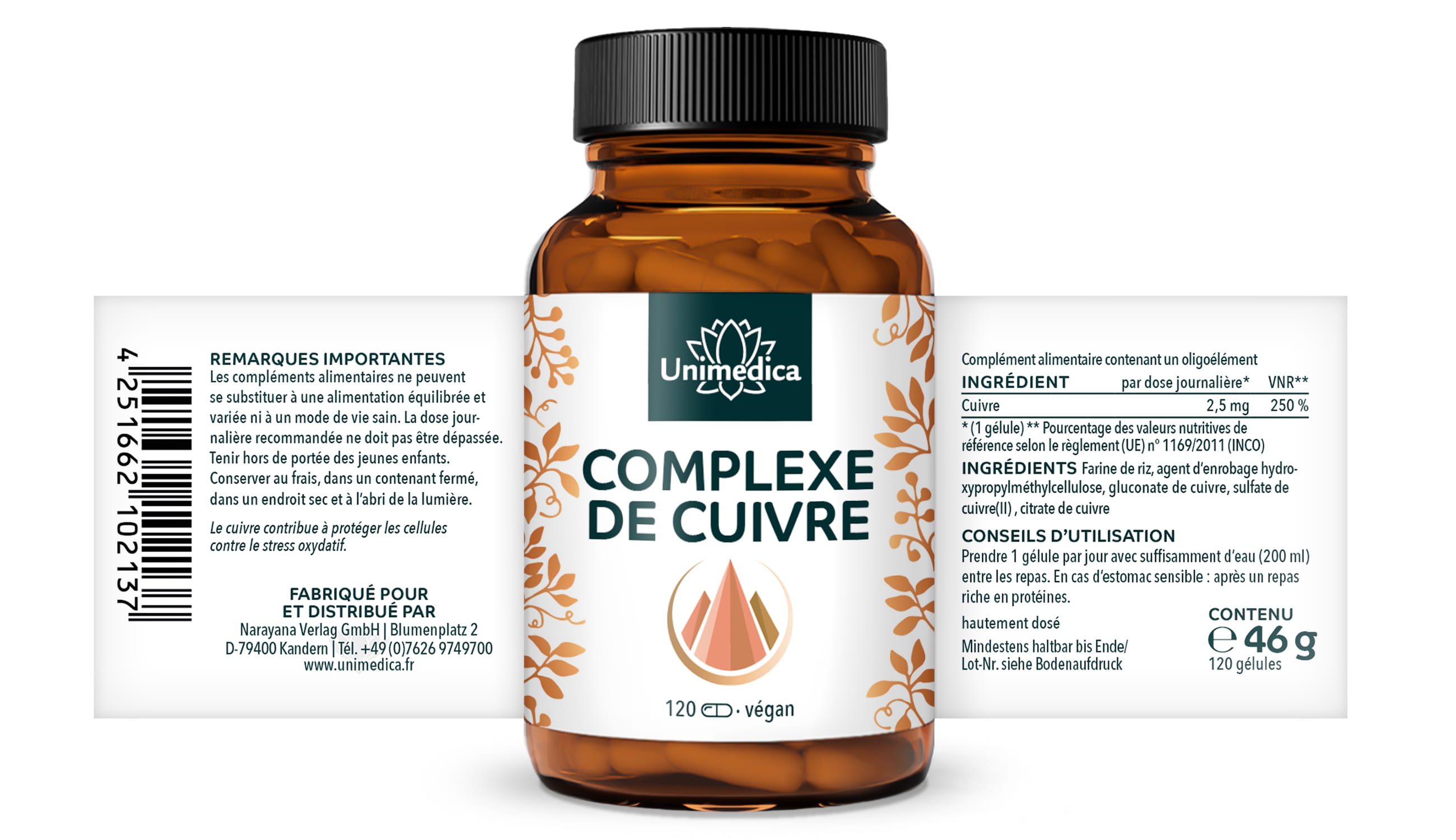 Complexe de cuivre - 2.5 mg de cuivre - avec 3 composés de cuivre - 120 gélules - par Unimedica