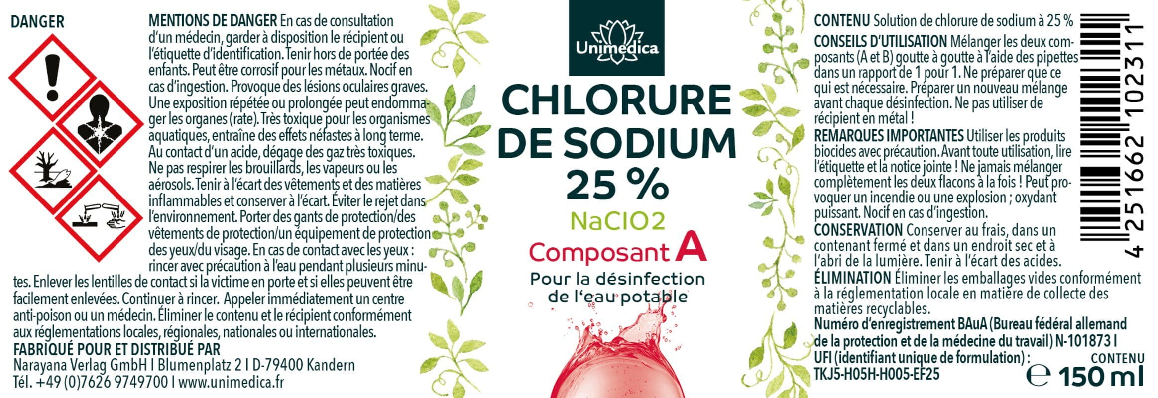 Chlorite de sodium 25% + acide chlorhydrique 4% Ph.Eur. - Lot de 2 x150 ml