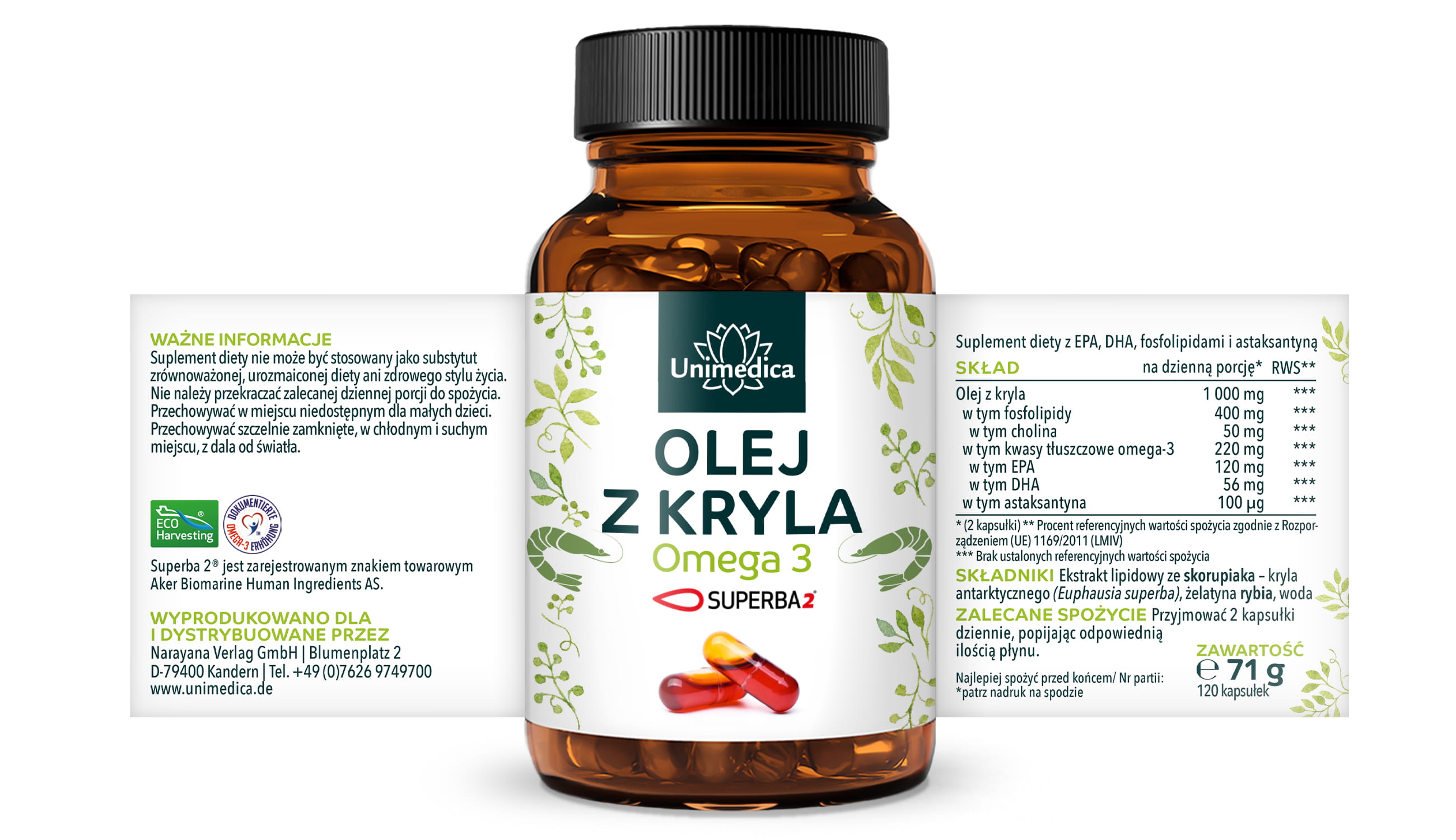 Olej z kryla SUPERBA 2™ - wysoka zawartość kwasów omega-3 - 1000 mg oleju z kryla w dziennej porcji (2 kapsułki) - 120 twardych kapsułek (Licaps®) - oferta specjalna