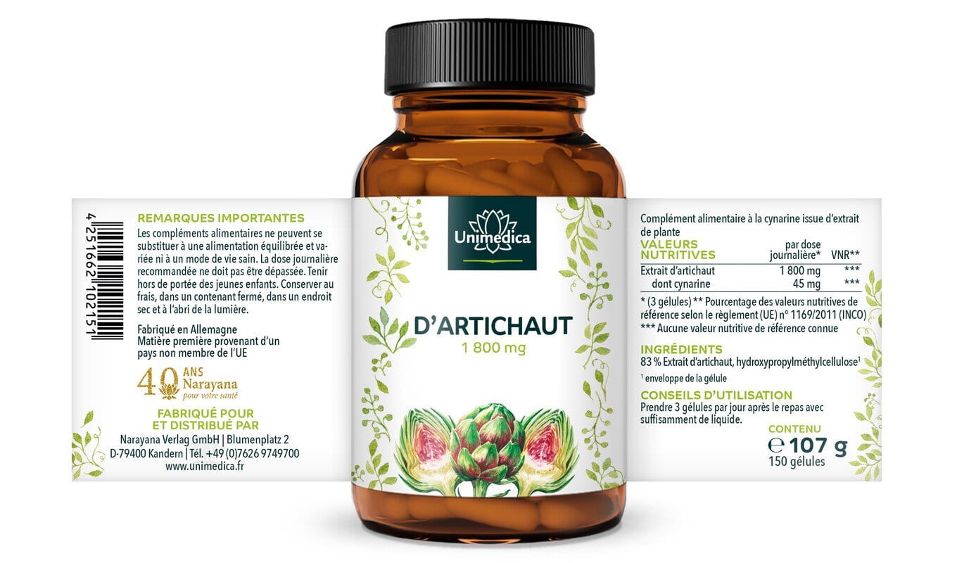 Extrait d'artichaut - 1 800 mg par dose quotidienne (3 gélules) - 150 gélules - par Unimedica