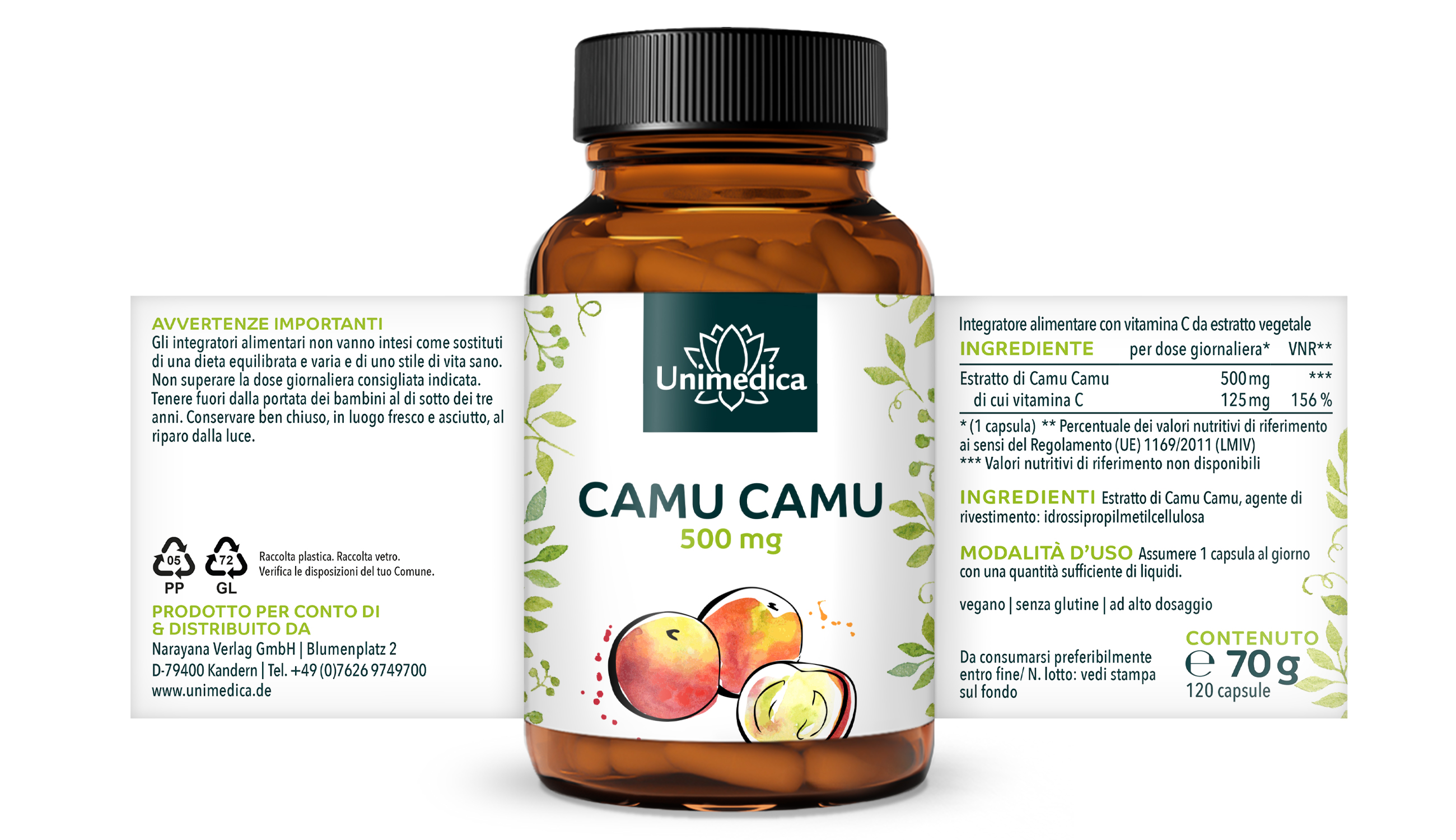 Estratto di Camu Camu - 500 mg per dose giornaliera (1 capsula) - ad alta concentrazione - 120 capsule - di Unimedica